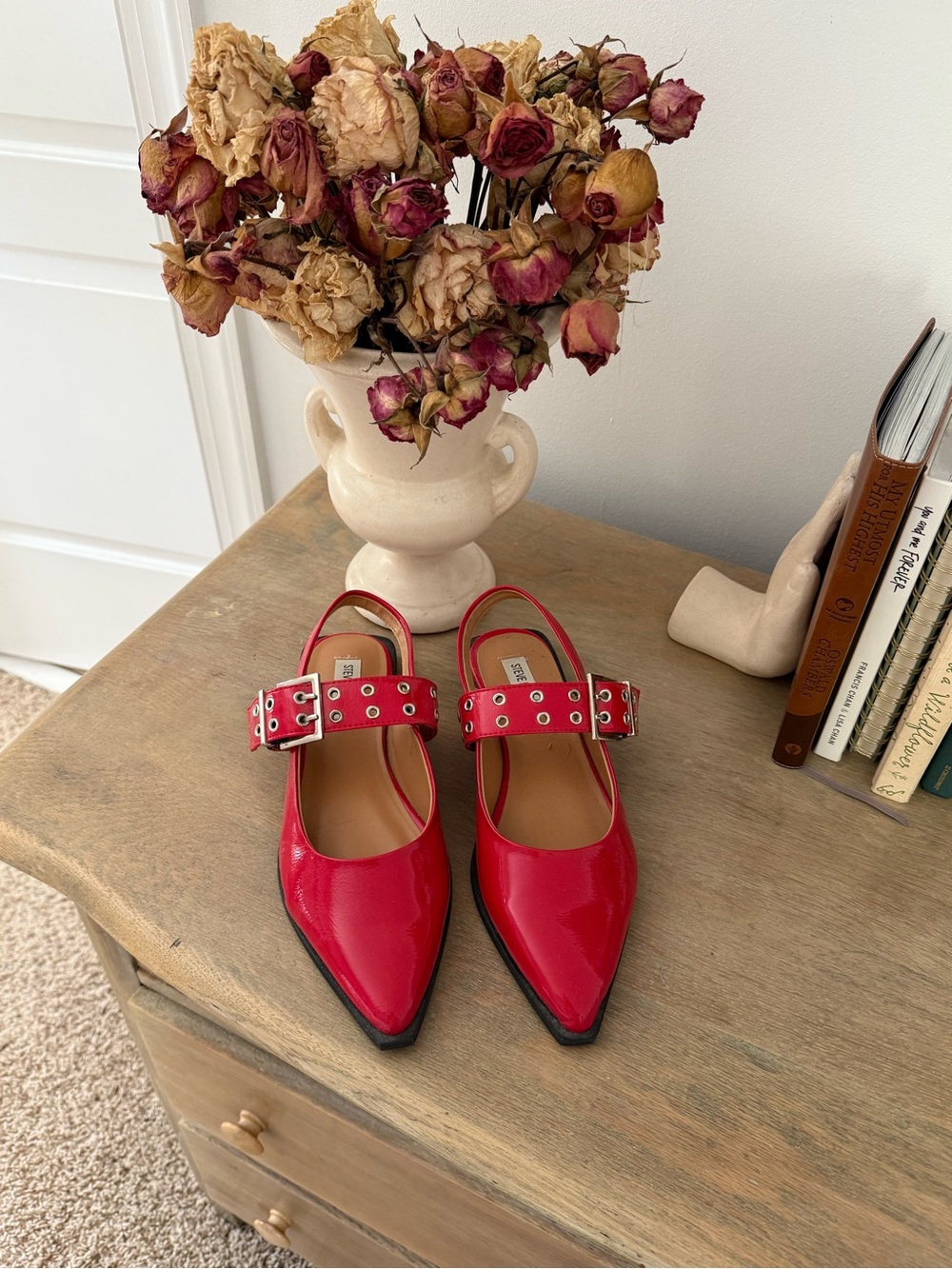 Steve Madden Red Patent Pointed Mary Jane Flats with Stud Buckle